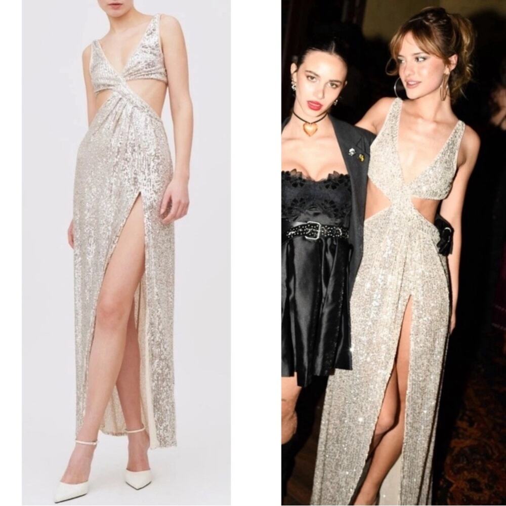 FOR LOVE & LEMONS Candice Sequin Embellished Cutout Ruched Maxi Dress Size Large